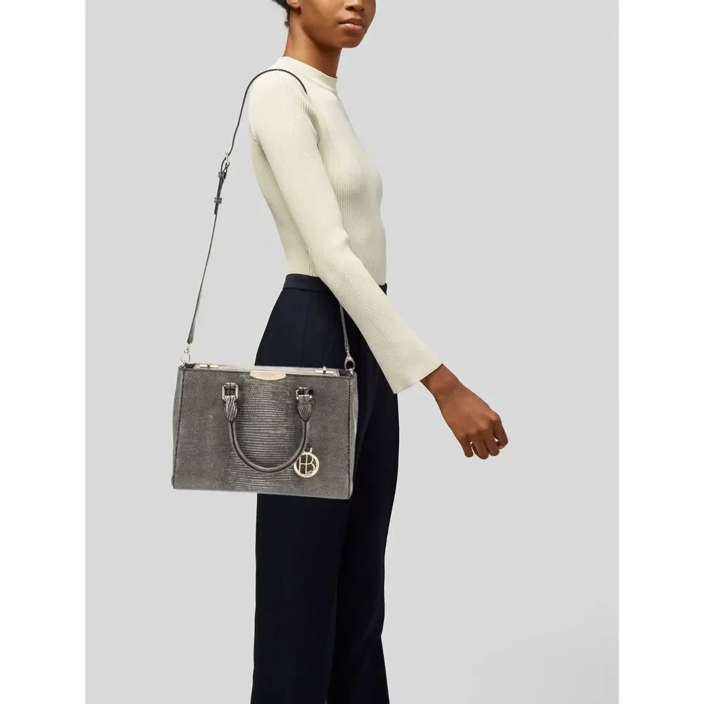 Henri Bendel Embossed Leather Top Handle Crossbody Bag Gray Reptile Turnlock